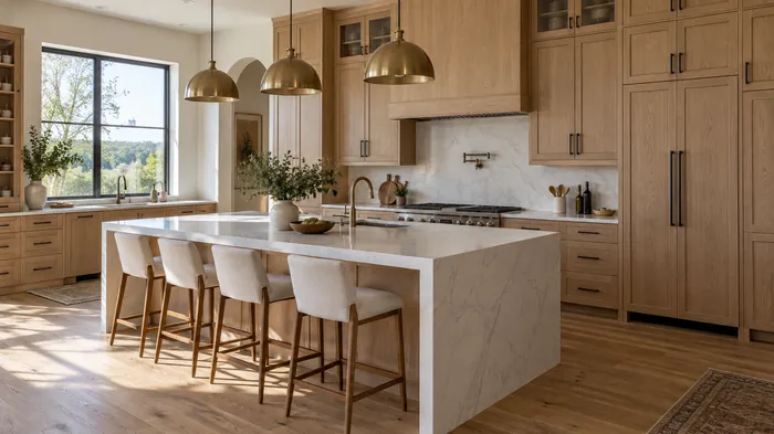 Custom white oak kitchen cabinets with a large island and soft close drawers in a San Antonio home