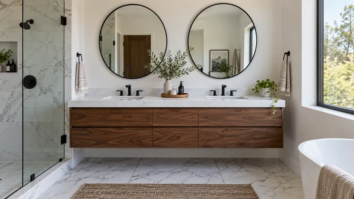 Painted bathroom vanity with drawer boxes notched around the drain under a stone top