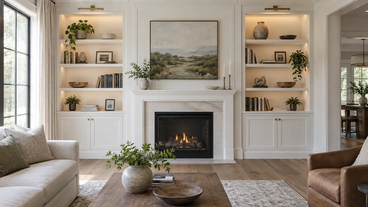 Built-in bookcases scribed to a plaster wall on both sides of a fireplace