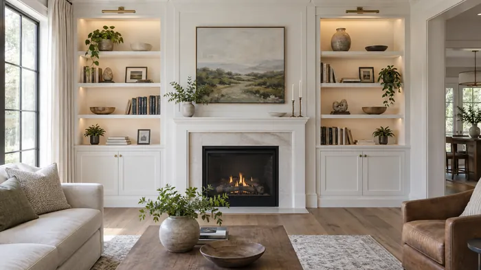 Built-in bookcases scribed to a plaster wall on both sides of a fireplace