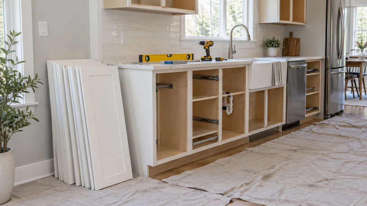 Quartz countertop set on new base cabinets with the back edge scribed to the wall